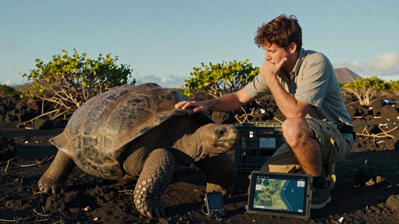 Homem observando e acariciando uma tartaruga gigante enquanto monitora com equipamentos em área natural.