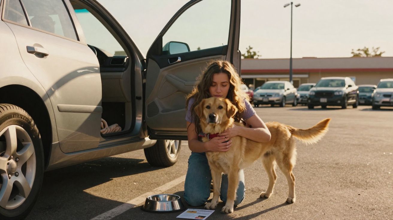 Mulher ajoelhada abraça cachorro dourado em estacionamento próximo a carro com porta aberta e tigela de água.