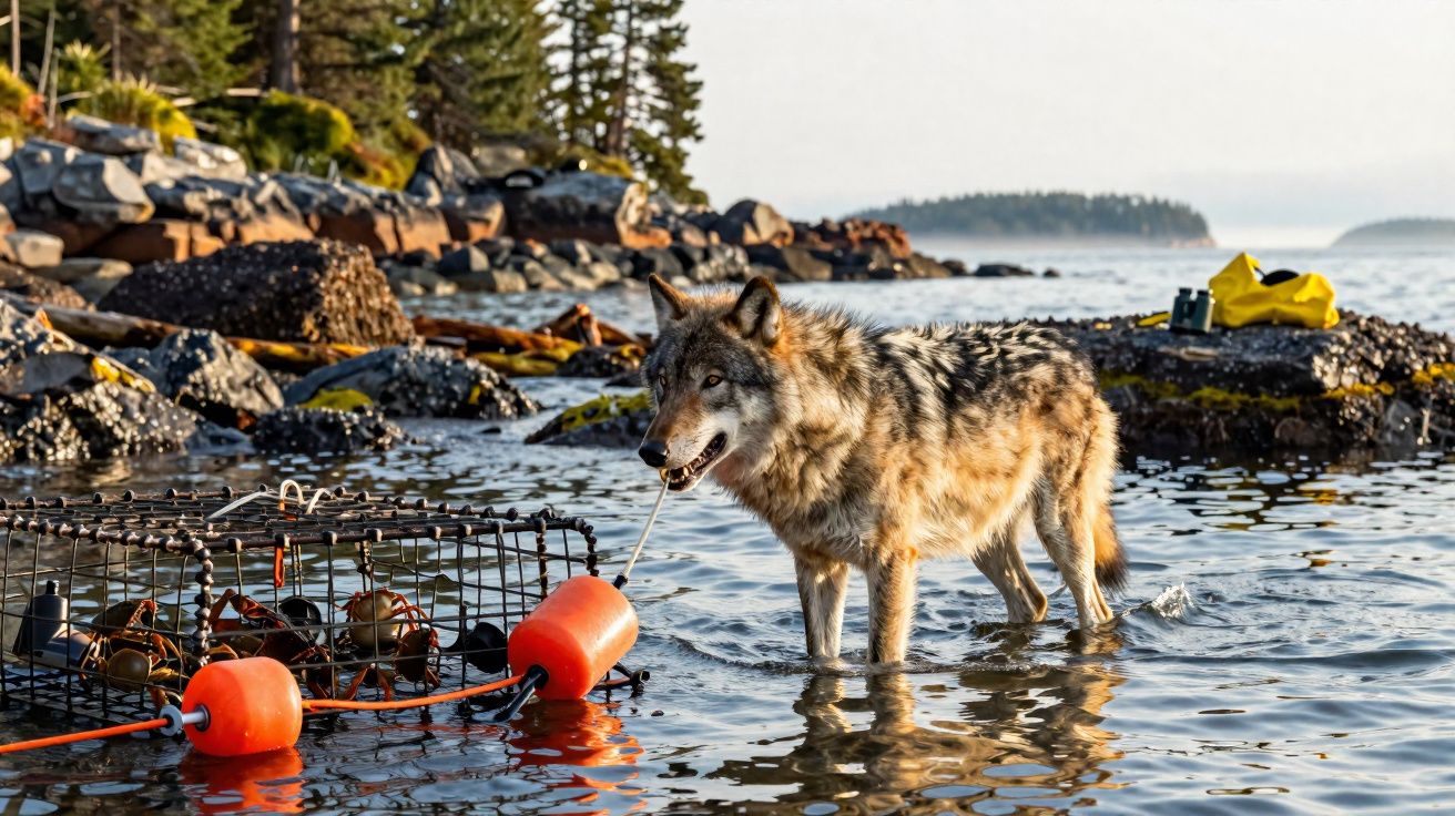 Lobo cinzento em água rasa próximo a armadilha de frutos do mar e pedras costeiras ao amanhecer.