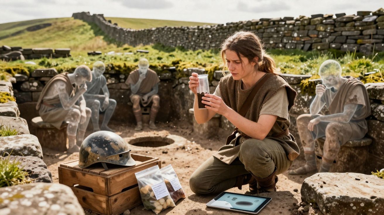 Mulher estudando artefato arqueológico em sítio antigo com figuras translúcidas de guerreiros ao redor.