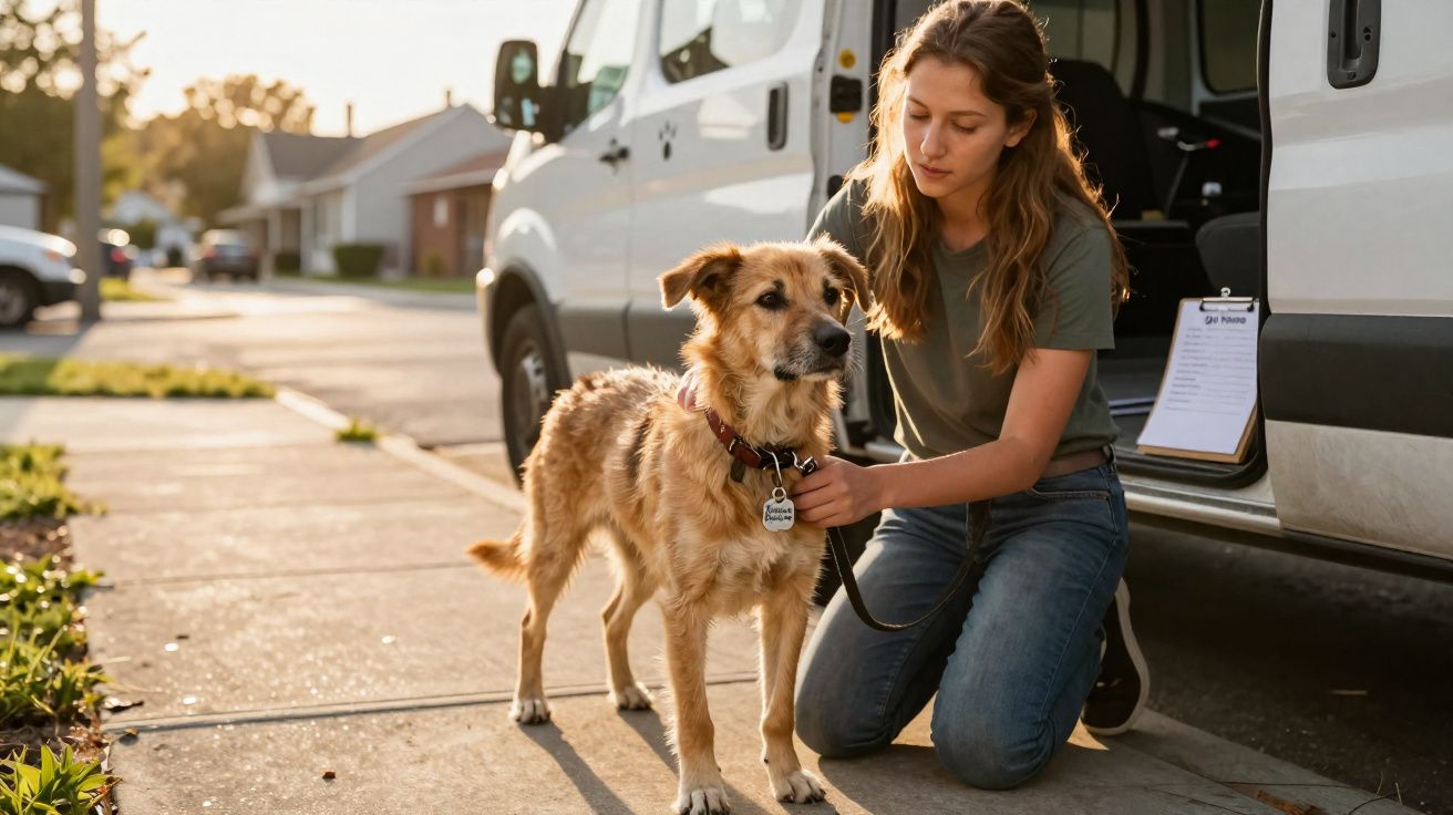 Mulher ajoelhada ao lado de cachorro em passeio na calçada perto de van branca em bairro residencial.