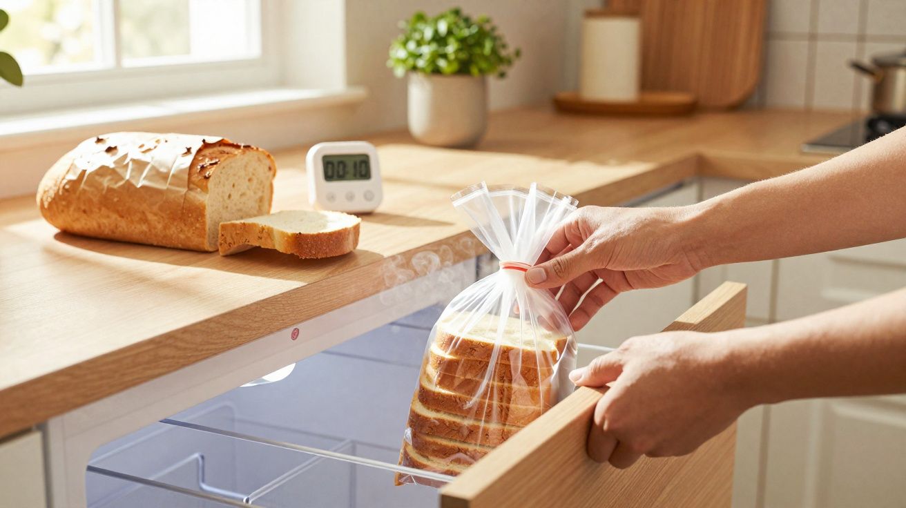 Mãos guardando pão fatiado em saco plástico na gaveta de cozinha moderna com forno embutido.