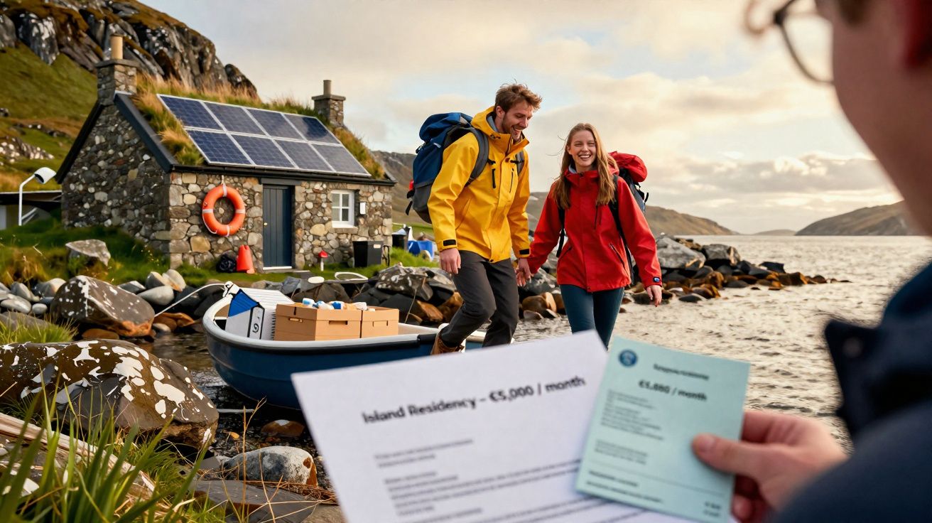 Casal sorridente com mochilas perto de barco e casa rústica com painéis solares à beira de lago.