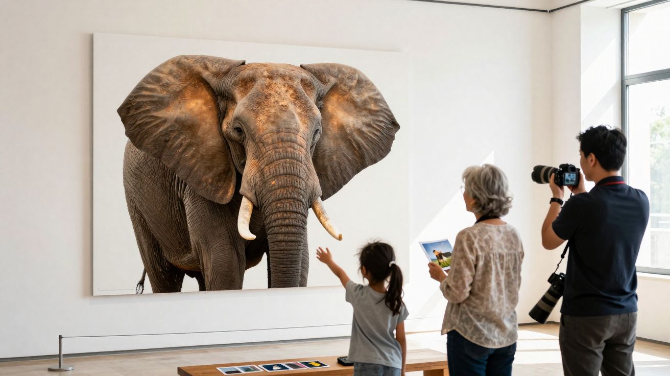 Criança, mulher e homem observam e fotografam pintura grande de elefante em museu iluminado.