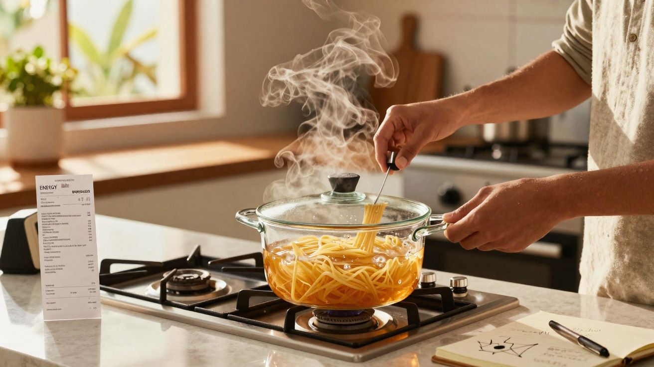 Pessoa mexendo macarrão em panela com vapor sobre fogão a gás em cozinha iluminada