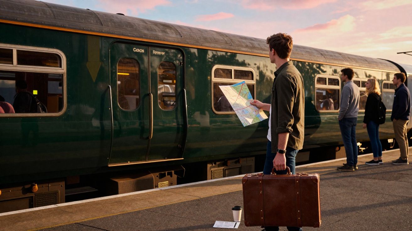 Homem com mala e mapa espera trem em plataforma com outras pessoas ao entardecer.