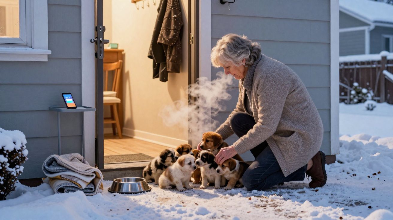 Mulher idosa agachada acariciando cinco filhotes na neve perto da porta de casa aberta.