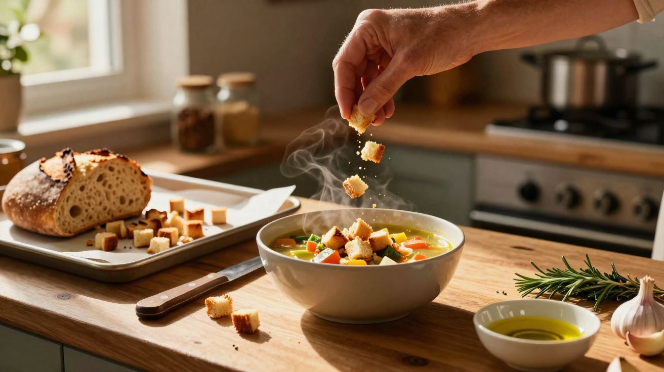 Pessoa adicionando croutons em sopa quente de legumes em tigela, com pão e alho na bancada de madeira.