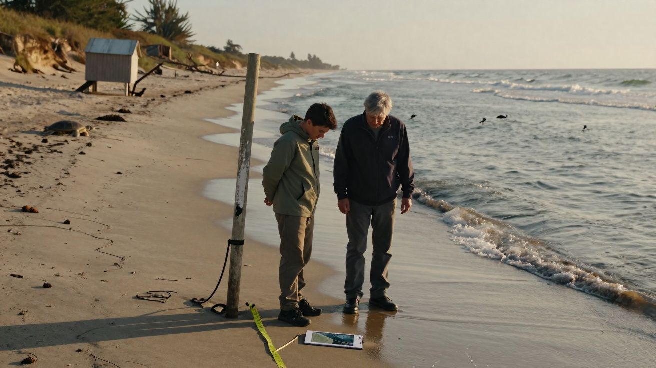 Duas pessoas olhando para um equipamento no chão na beira da praia ao entardecer.