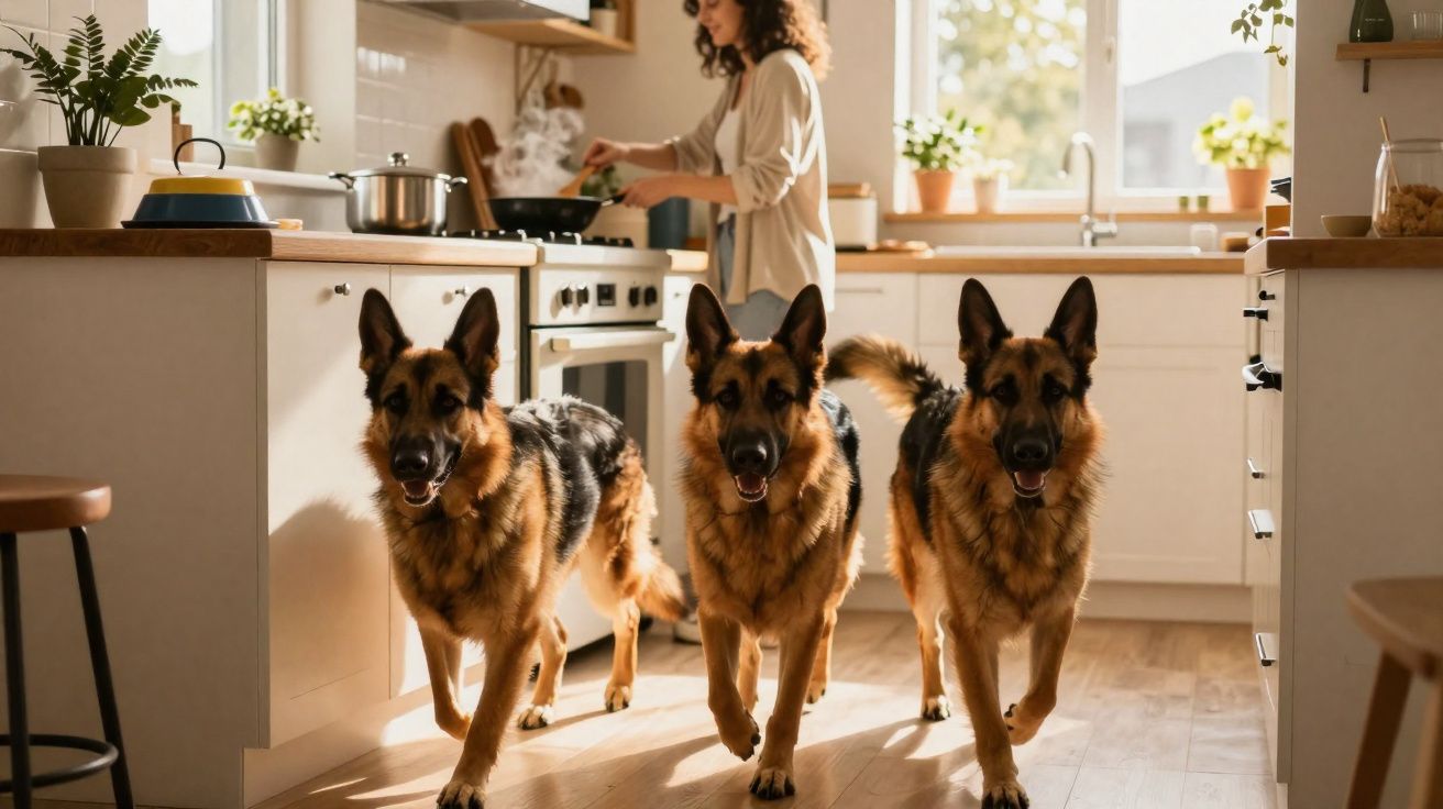 Três cães pastor alemão andando pela cozinha enquanto uma mulher cozinha ao fundo na luz do dia.