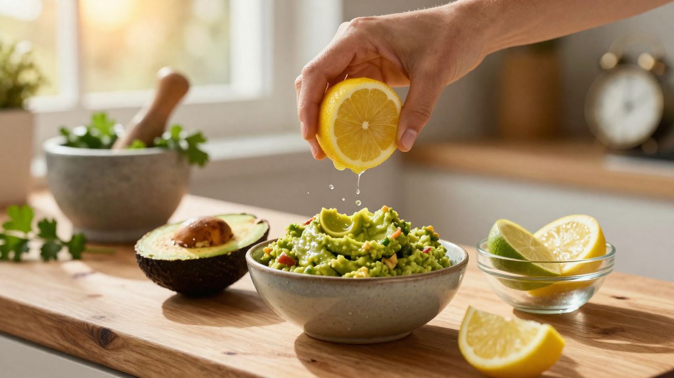 Mão espremendo limão sobre tigela com guacamole e abacate em pedaços sobre bancada de madeira.