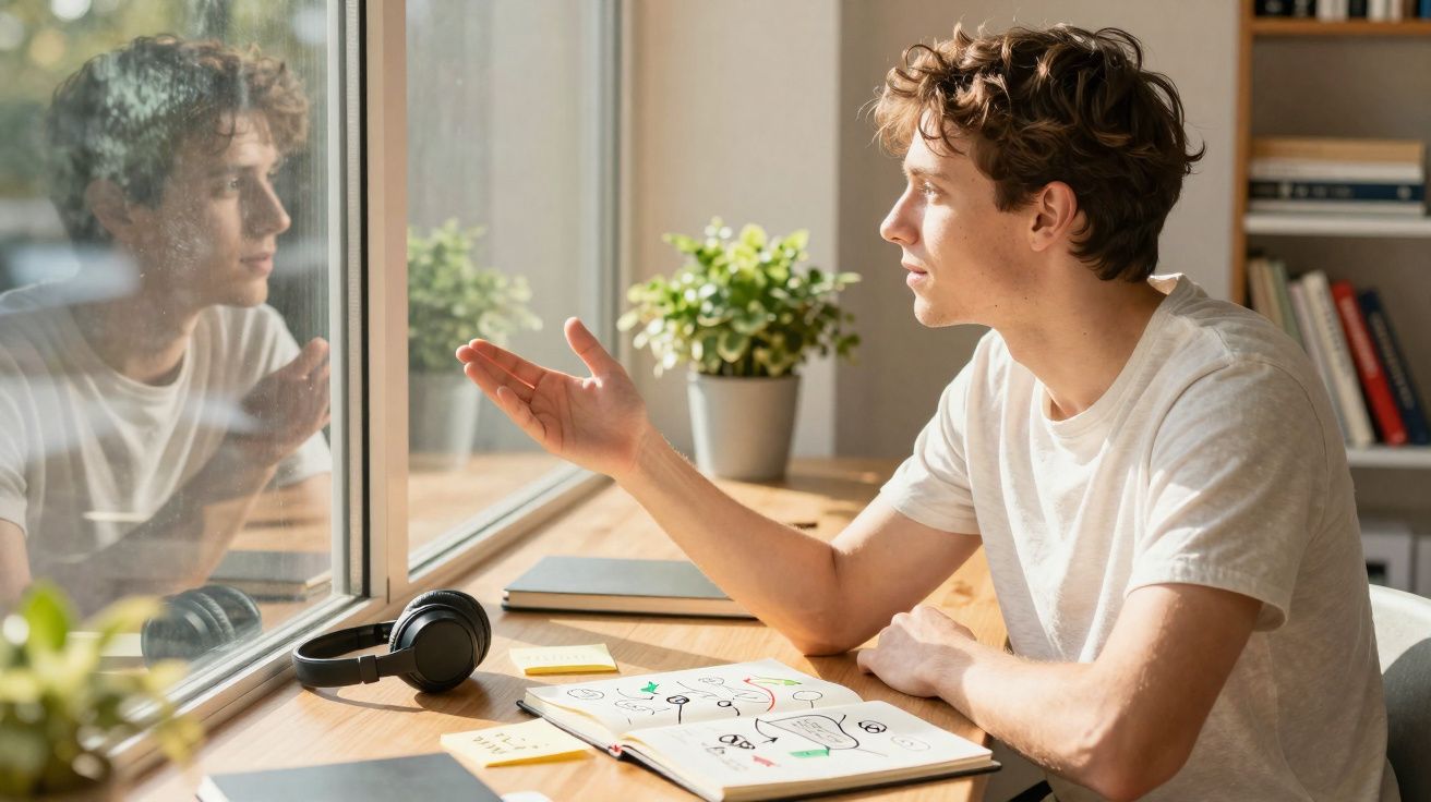 Jovem sentado à mesa, olhando pela janela e gesticulando, com caderno, fones e plantas ao redor.