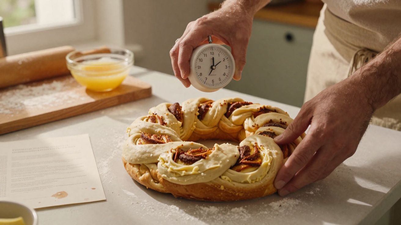 Pessoa medindo o tempo para assar uma rosca doce com ingredientes na bancada da cozinha.
