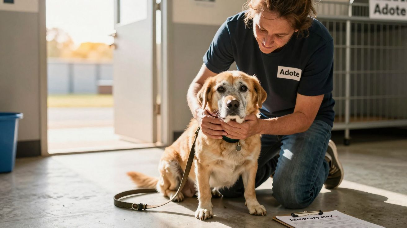 Homem agachado acariciando cachorro caramelo com coleira em abrigo de adoção pet.