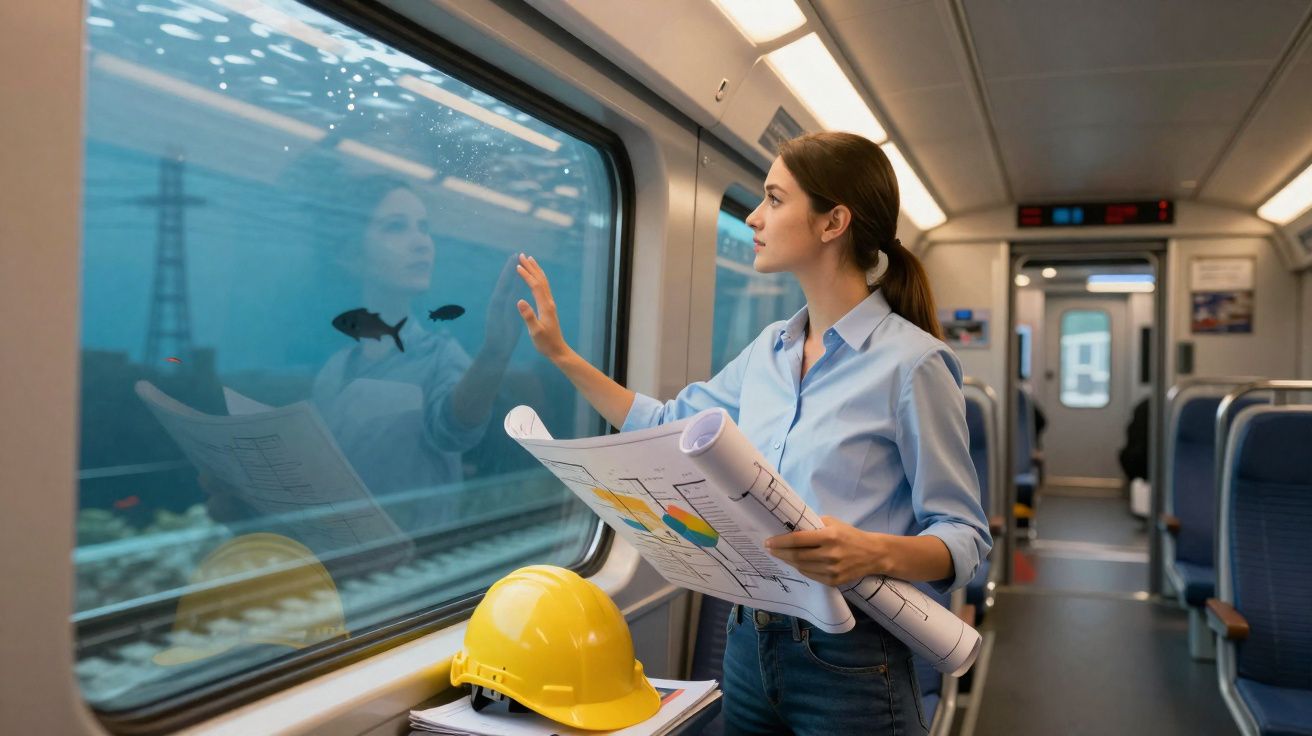 Mulher segurando plantas com capacete amarelo ao lado, olhando pela janela de trem com reflexos de peixes.
