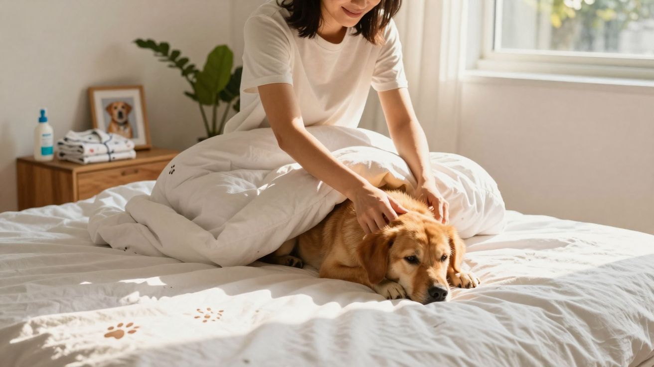 Mulher acariciando cachorro dourado deitado na cama branca em quarto iluminado pela janela.