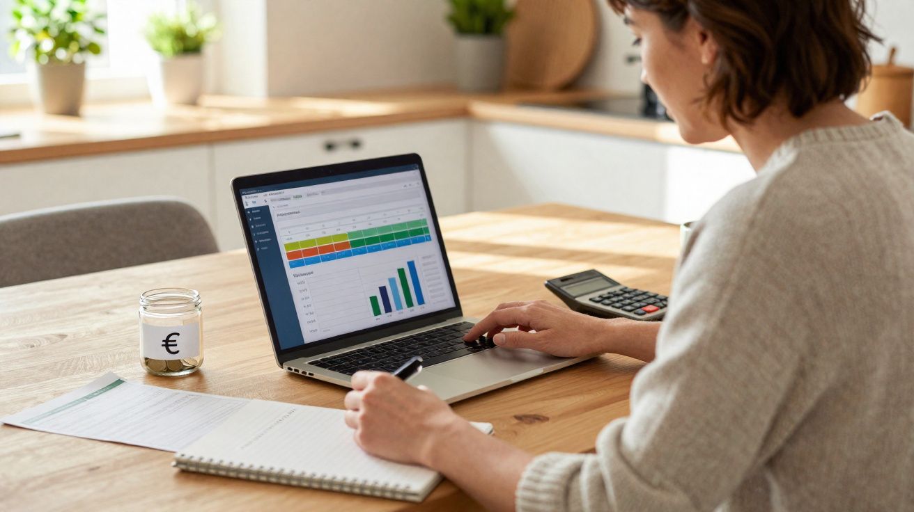 Pessoa analisando gráficos financeiros em notebook, com caderno, cofrinho e calculadora sobre mesa de madeira.