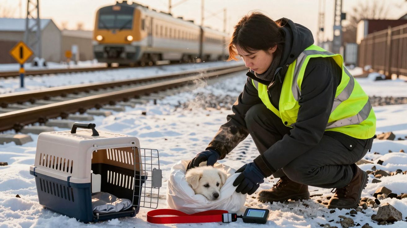 Pessoa de colete refletivo cuida de cachorro branco na neve próximo a trilhos com trem ao fundo.