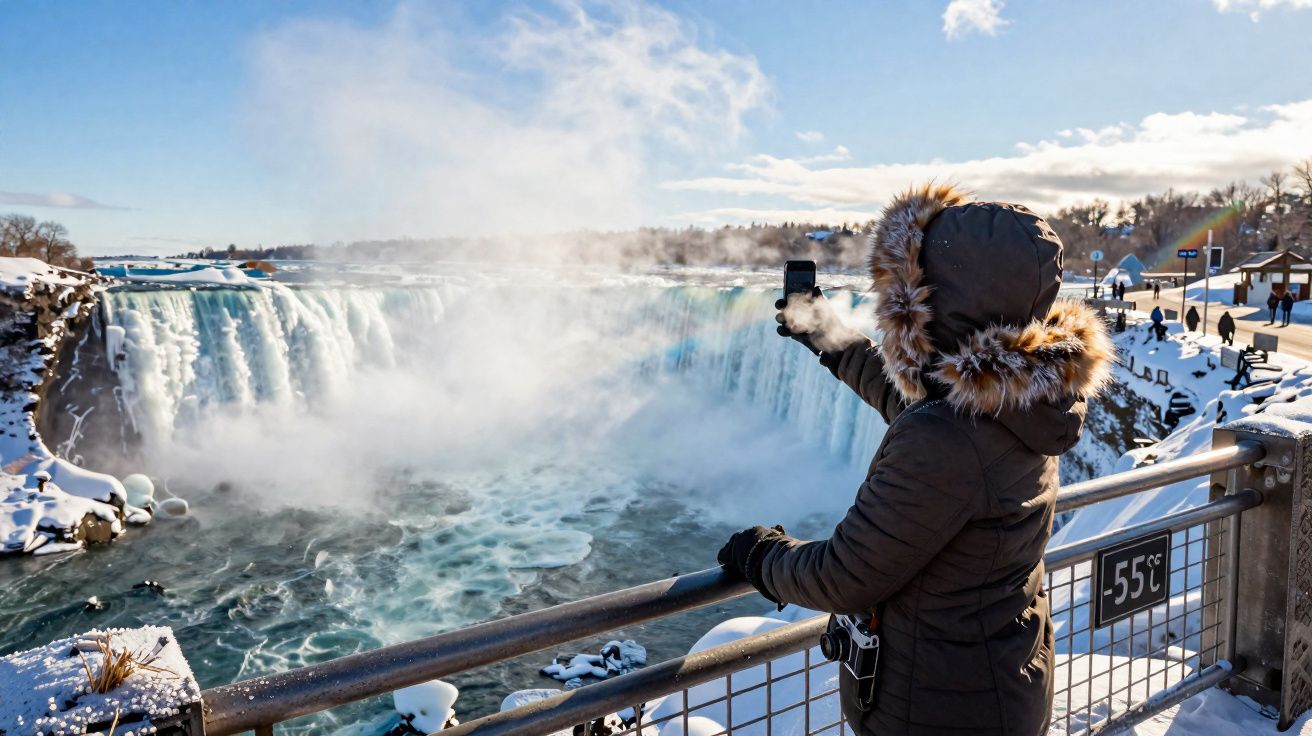 Pessoa com casaco e capuz tira foto da cachoeira congelada em dia gelado com termômetro marcando -55°C.