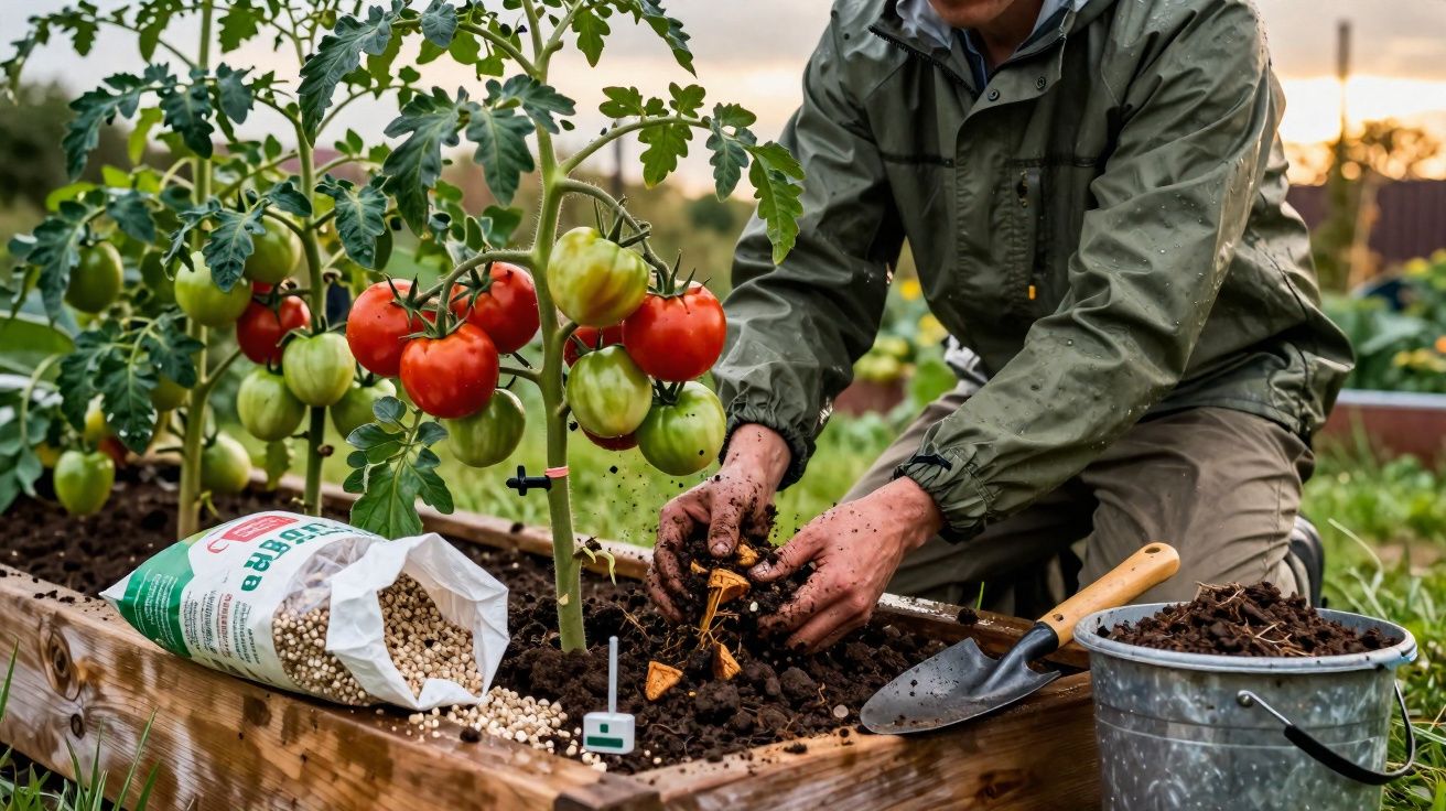Pessoa plantando mudas em vaso de madeira próximo a planta de tomateiros com frutos maduros e verdes.