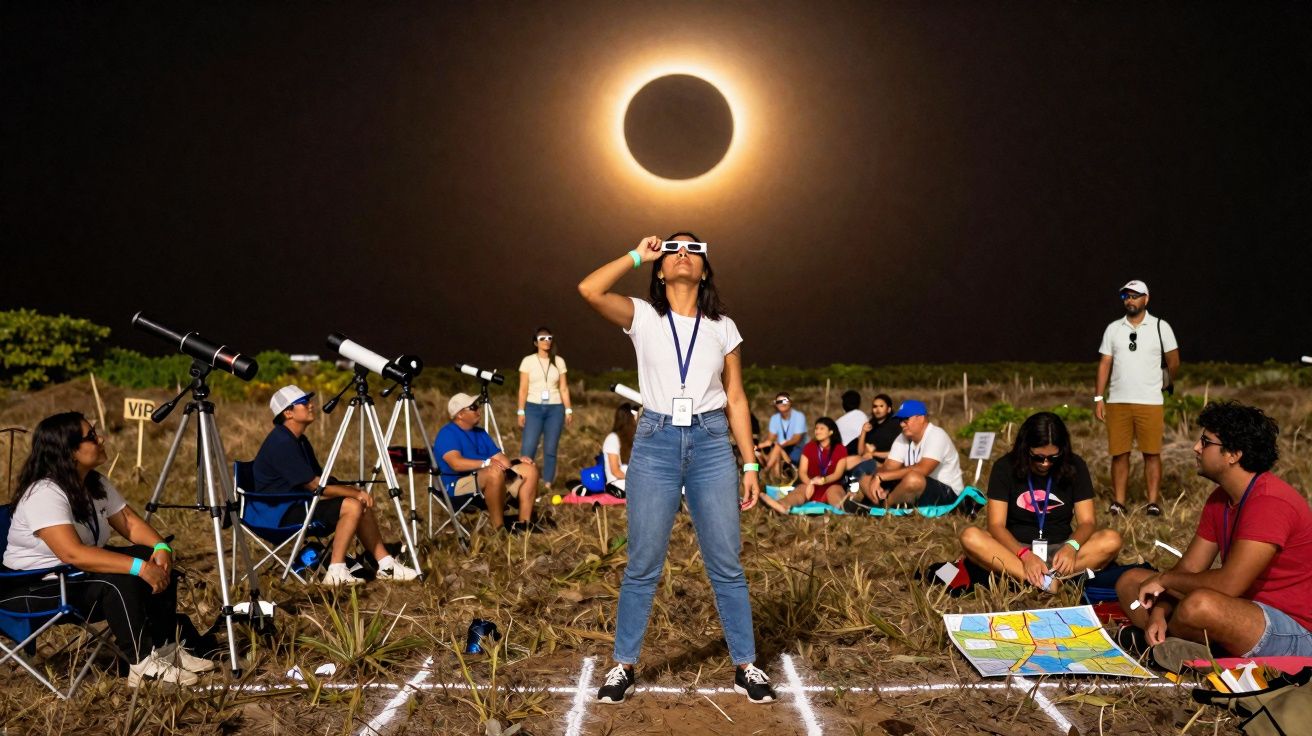 Pessoas observando eclipse solar total com telescópios em área aberta à noite.