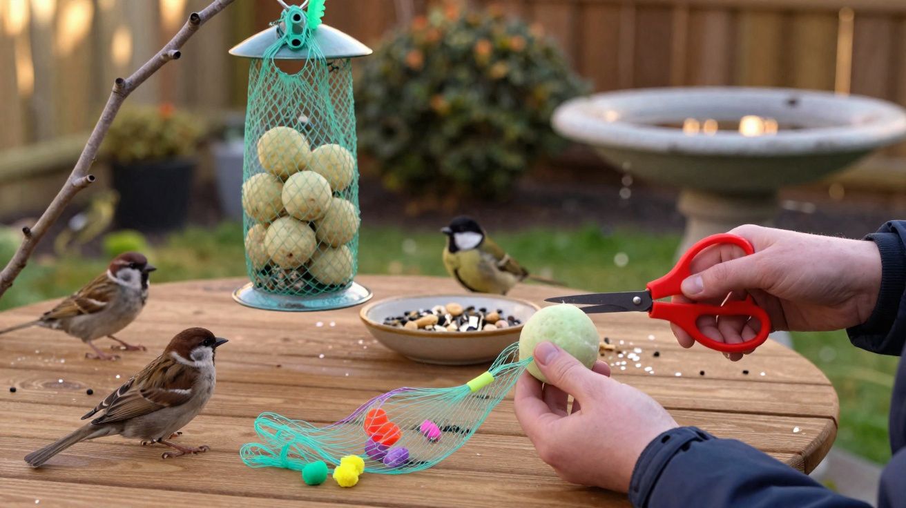 Pessoa cortando rede para bolas de gordura em mesa com pássaros e comedouro no jardim ao fundo.