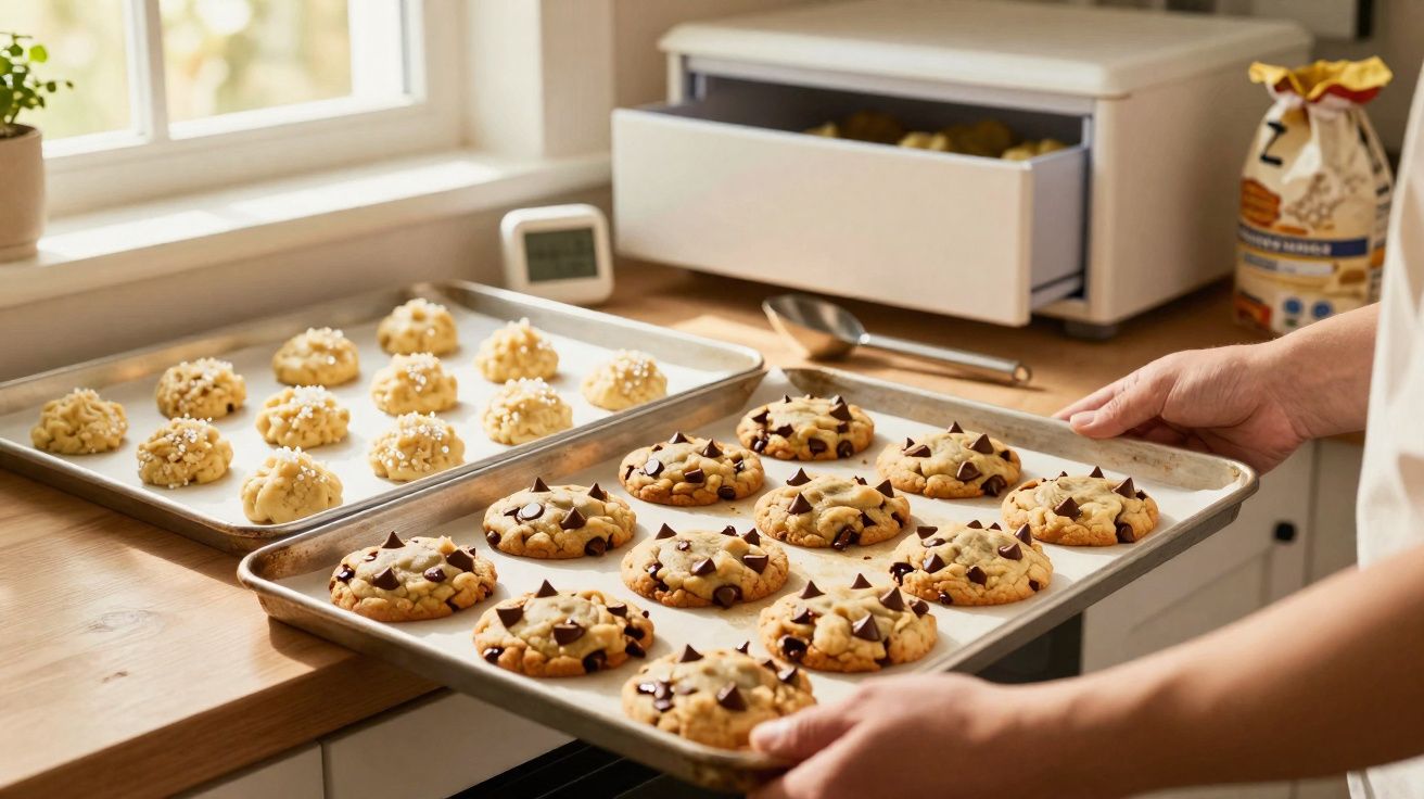 Pessoa segurando forma com biscoitos de chocolate recém assados em cozinha iluminada.