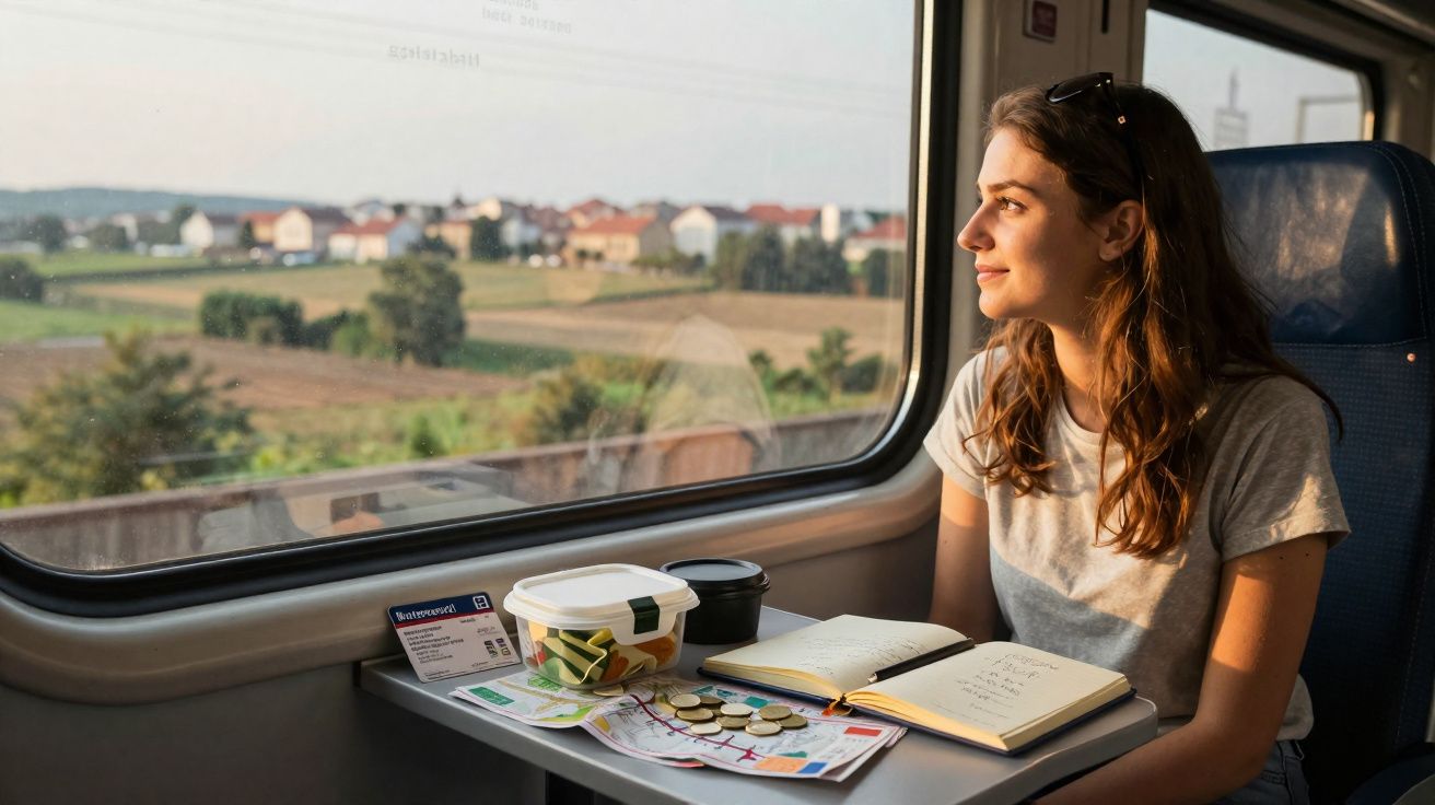 Mulher olhando pela janela do trem com lanche, mapas, caderno e moedas na mesa à frente.