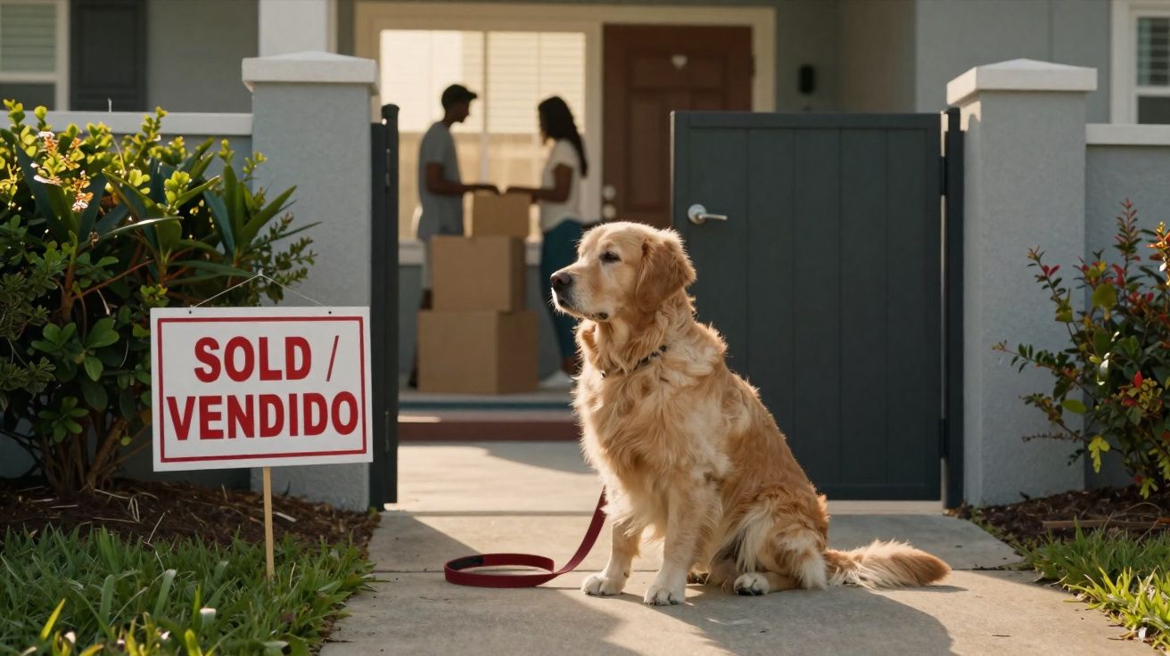 Cachorro sentado na entrada de casa com placa de "Vendido" e casal carregando caixas ao fundo.