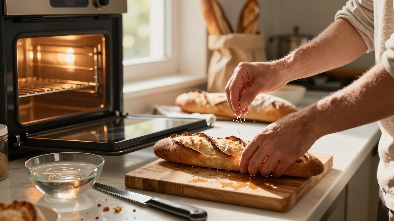 Pessoa polvilhando sal em pão francês sobre tábua de corte na cozinha com forno aberto ao fundo.