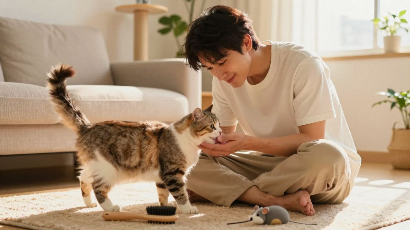 Homem sentado no chão acariciando um gato em sala ensolarada com brinquedos e escova no tapete.