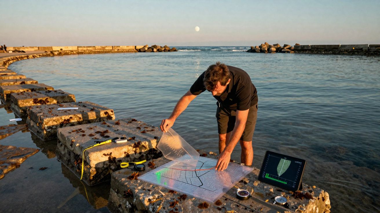 Homem trabalhando com equipamento de mapeamento em área costeira durante o pôr do sol.