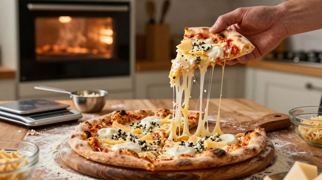 Fatia de pizza com queijo derretido sendo puxada de uma pizza sobre tábua de madeira em cozinha.