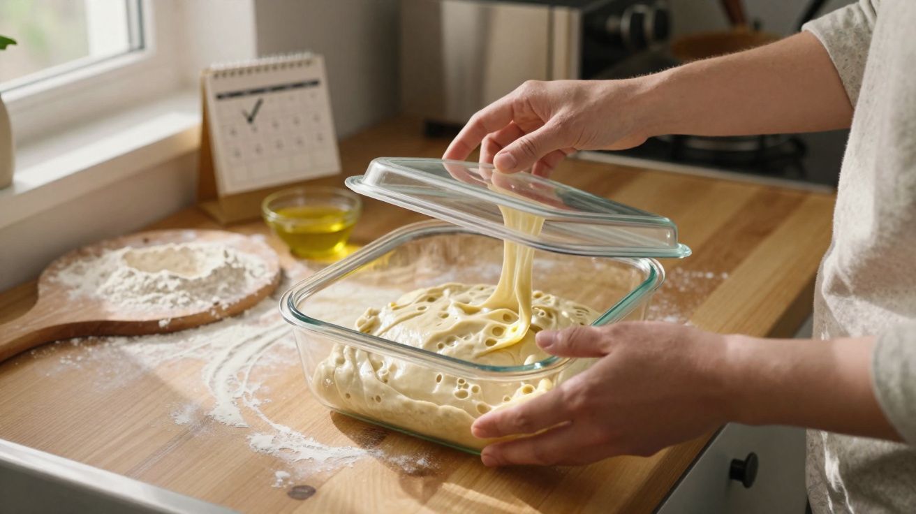 Pessoa segurando tampa de vidro acima de massa fermentada dentro de pote quadrado na bancada da cozinha.