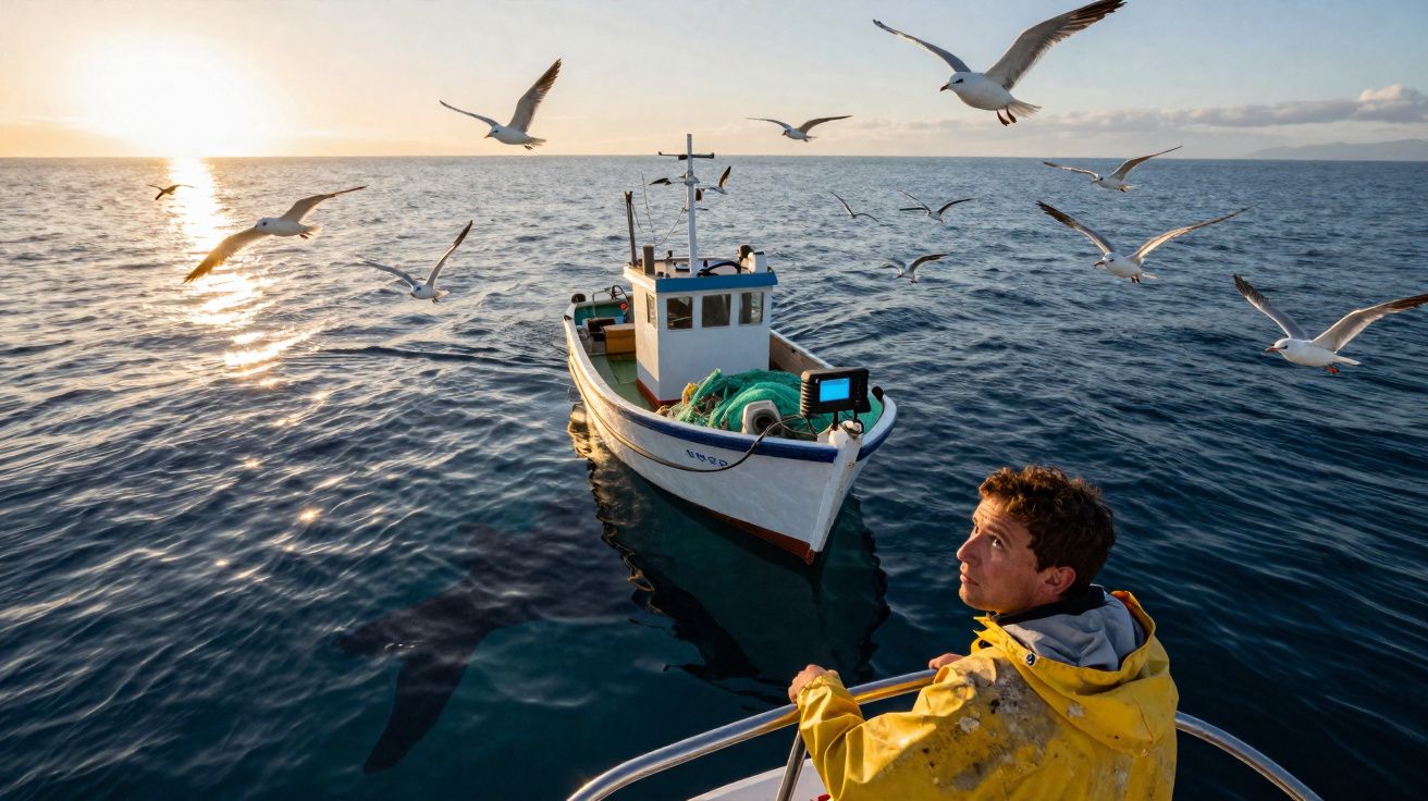 Homem com capa amarela observa barco de pesca cercado por gaivotas no mar ao pôr do sol.