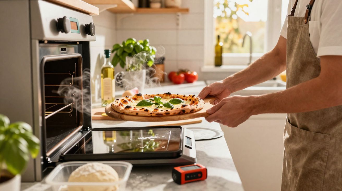Pessoa retirando pizza quente recém assada no forno em cozinha doméstica iluminada.