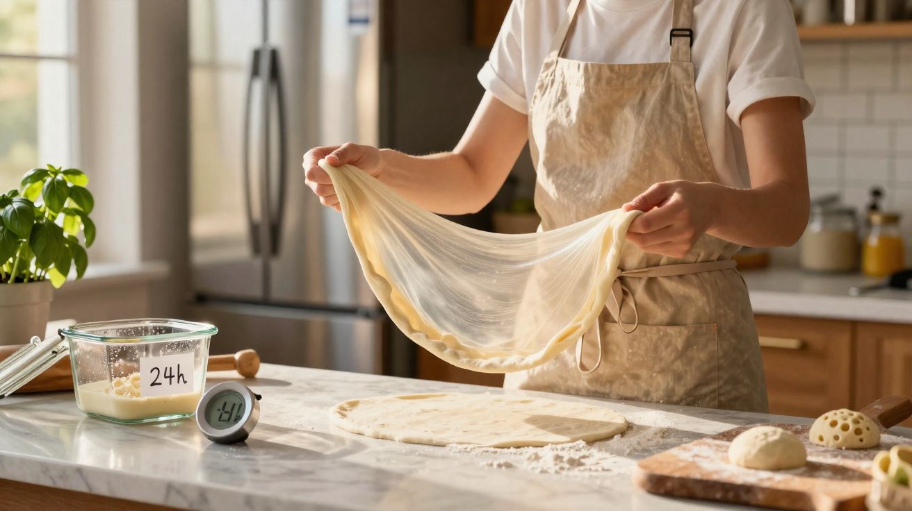 Pessoa esticando massa de pão transparente em bancada de cozinha iluminada por luz natural.