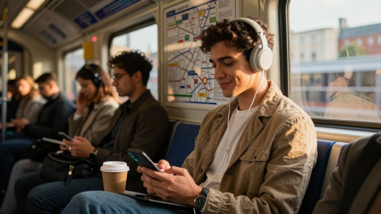 Jovem sorrindo com fones de ouvido e celular no metrô, passageiros ao fundo utilizando dispositivos móveis.