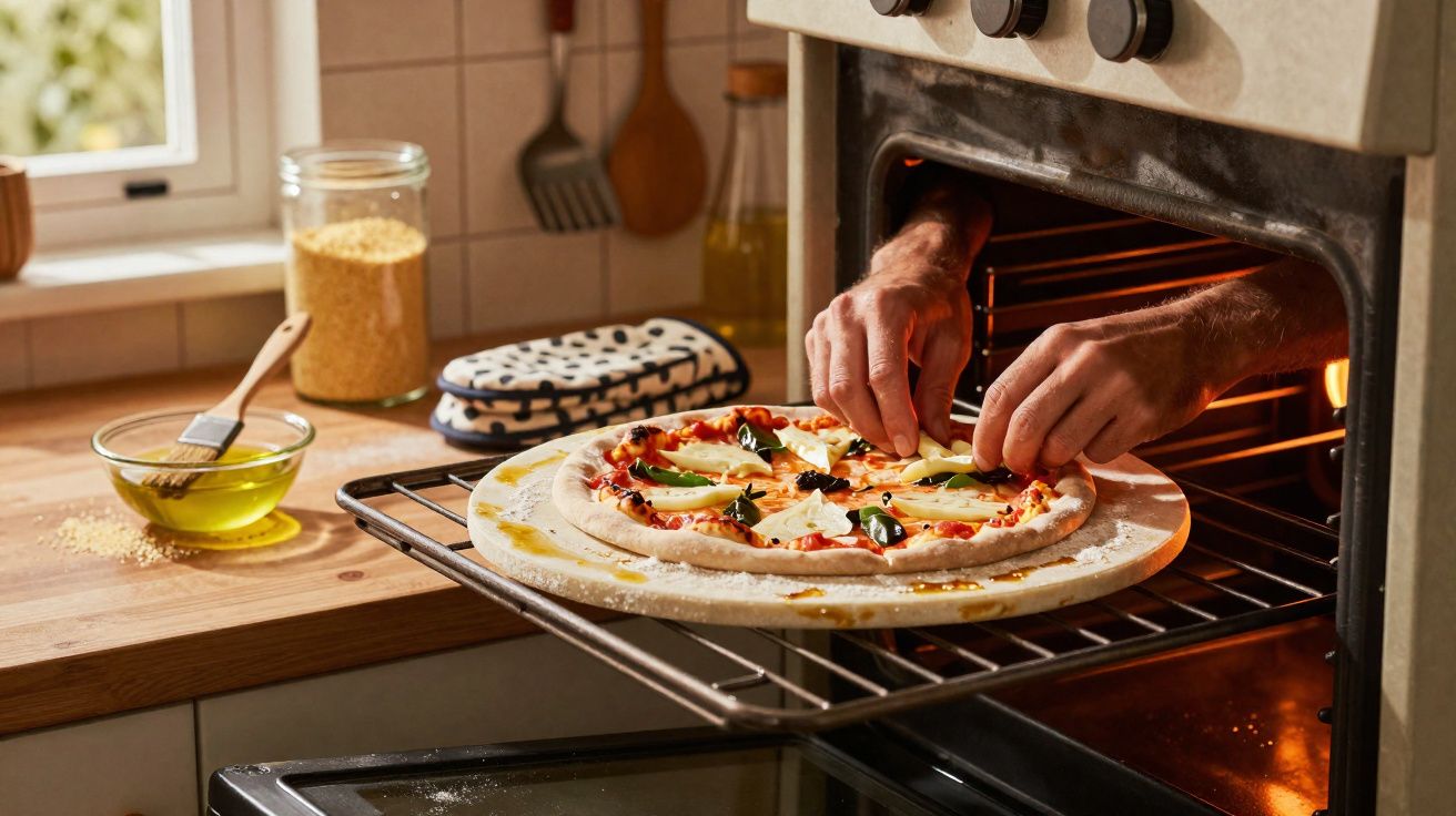 Mãos colocando pizza com ingredientes frescos dentro de forno em cozinha iluminada naturalmente.