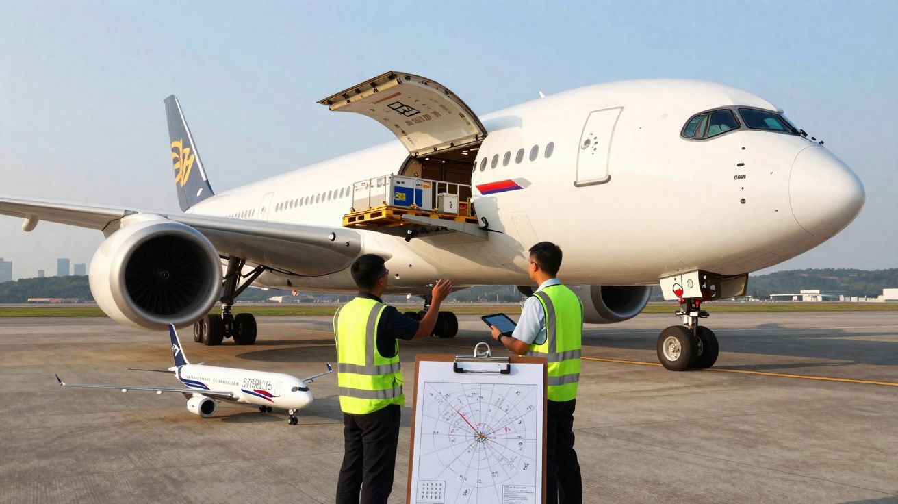 Dois homens com coletes refletores revisam carga de avião de carga branca em aeroporto durante o dia.