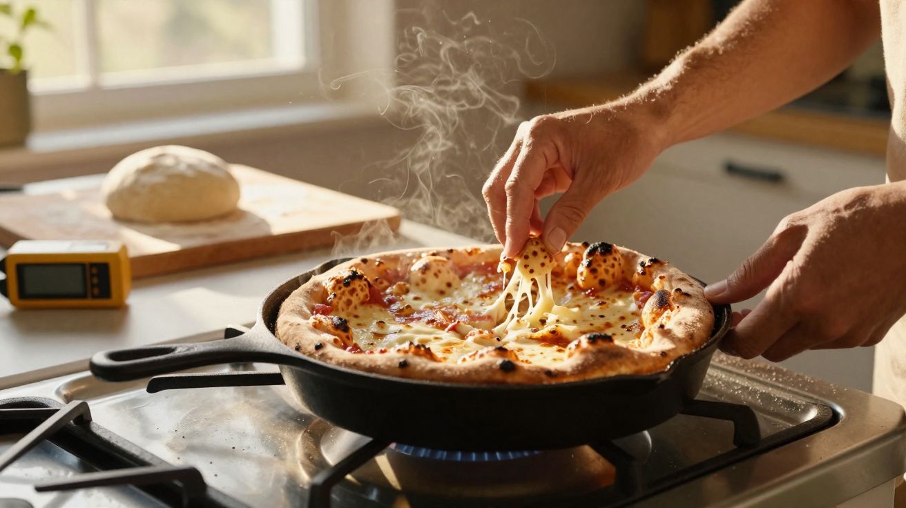 Mãos puxando fatia de pizza quente com queijo derretido em frigideira no fogão a gás em cozinha.