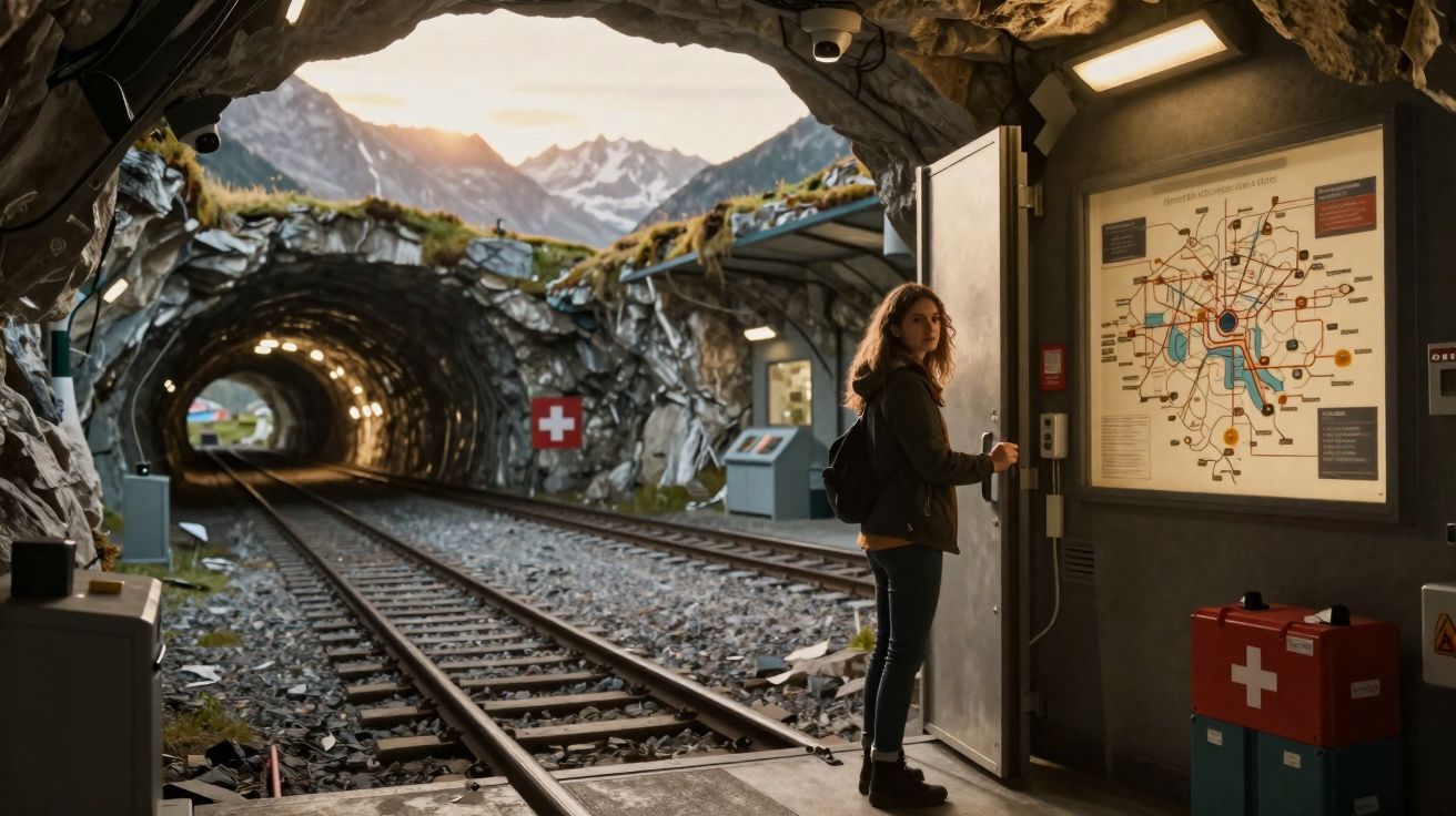 Jovem em estação ferroviária na montanha, com túnel, mapa da linha e paisagem alpina ao fundo.