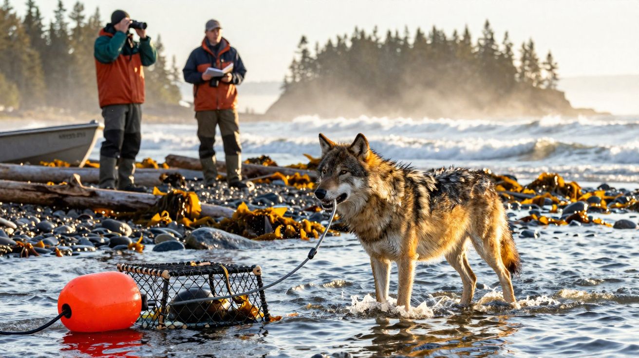 Lobo em água rasa na praia segurando corda de armadilha de pesca com duas pessoas ao fundo observando.