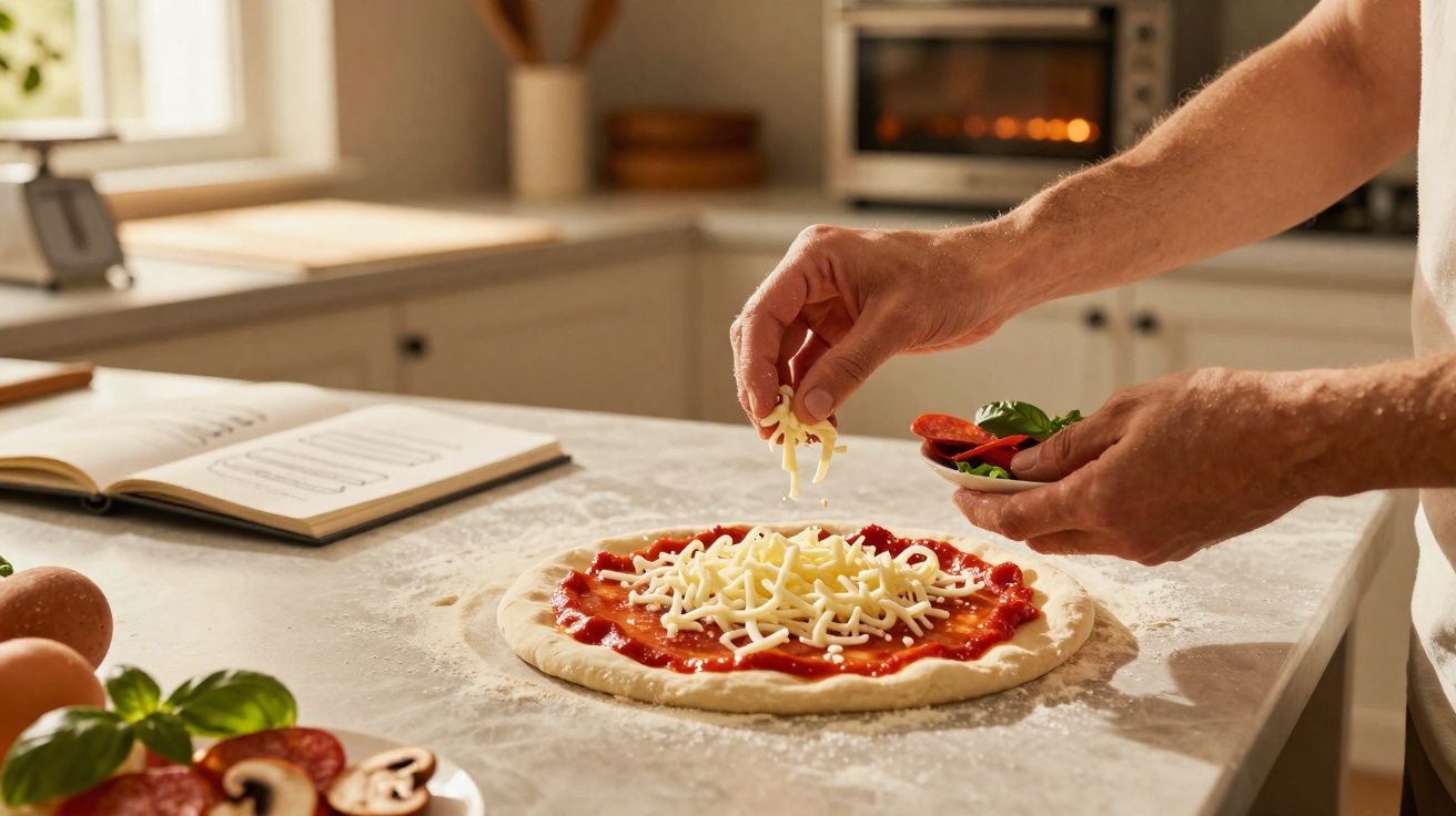 Pessoa adicionando queijo ralado em pizza com molho de tomate em bancada de cozinha iluminada.
