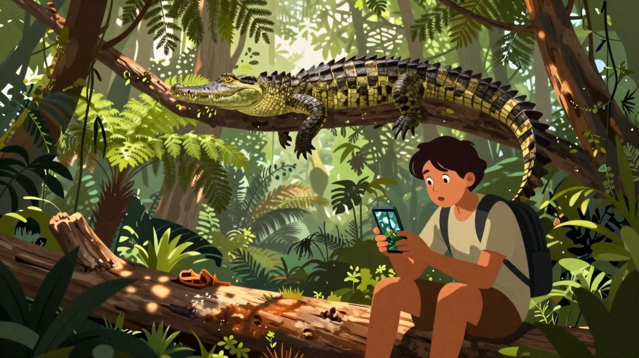 Garoto sentado na floresta tirando foto de um jacaré que repousa em um galho acima dele.