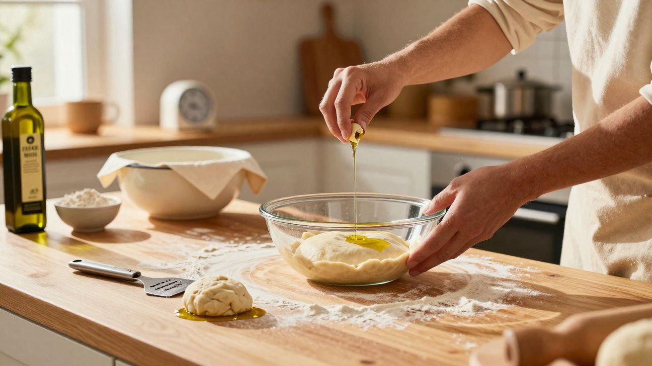 Pessoa adicionando azeite em massa de pão em tigela de vidro sobre bancada de cozinha.