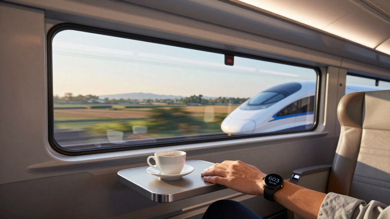 Mão com relógio em mesa de trem com xícara de café, vista de trem de alta velocidade pela janela.