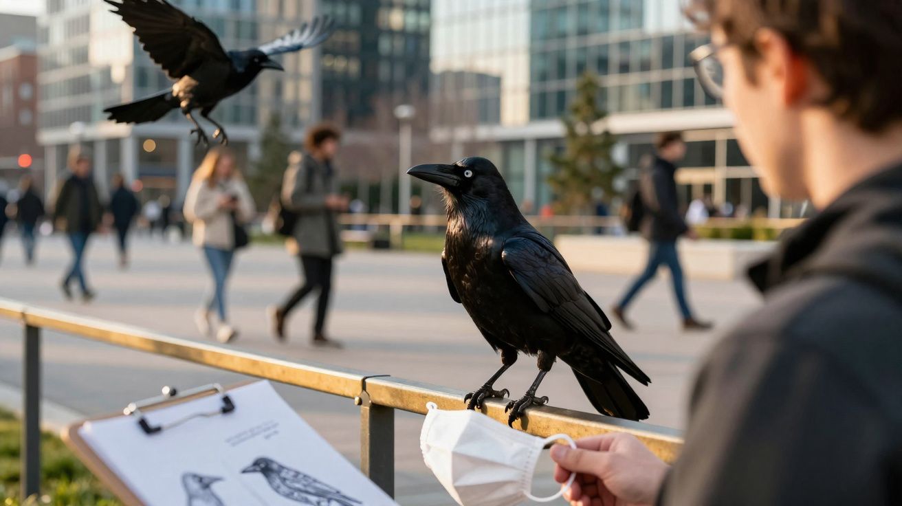 Corvo pousado em grade segurando máscara branca, pessoa segurando prancheta com desenhos de corvos em área urbana.