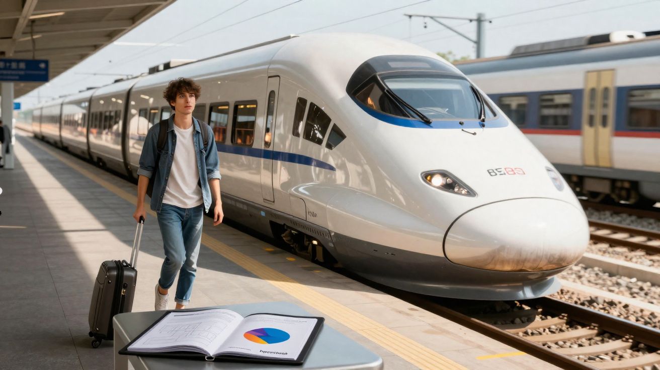 Jovem com mochila e mala ao lado de trem de alta velocidade em plataforma de estação ferroviária.