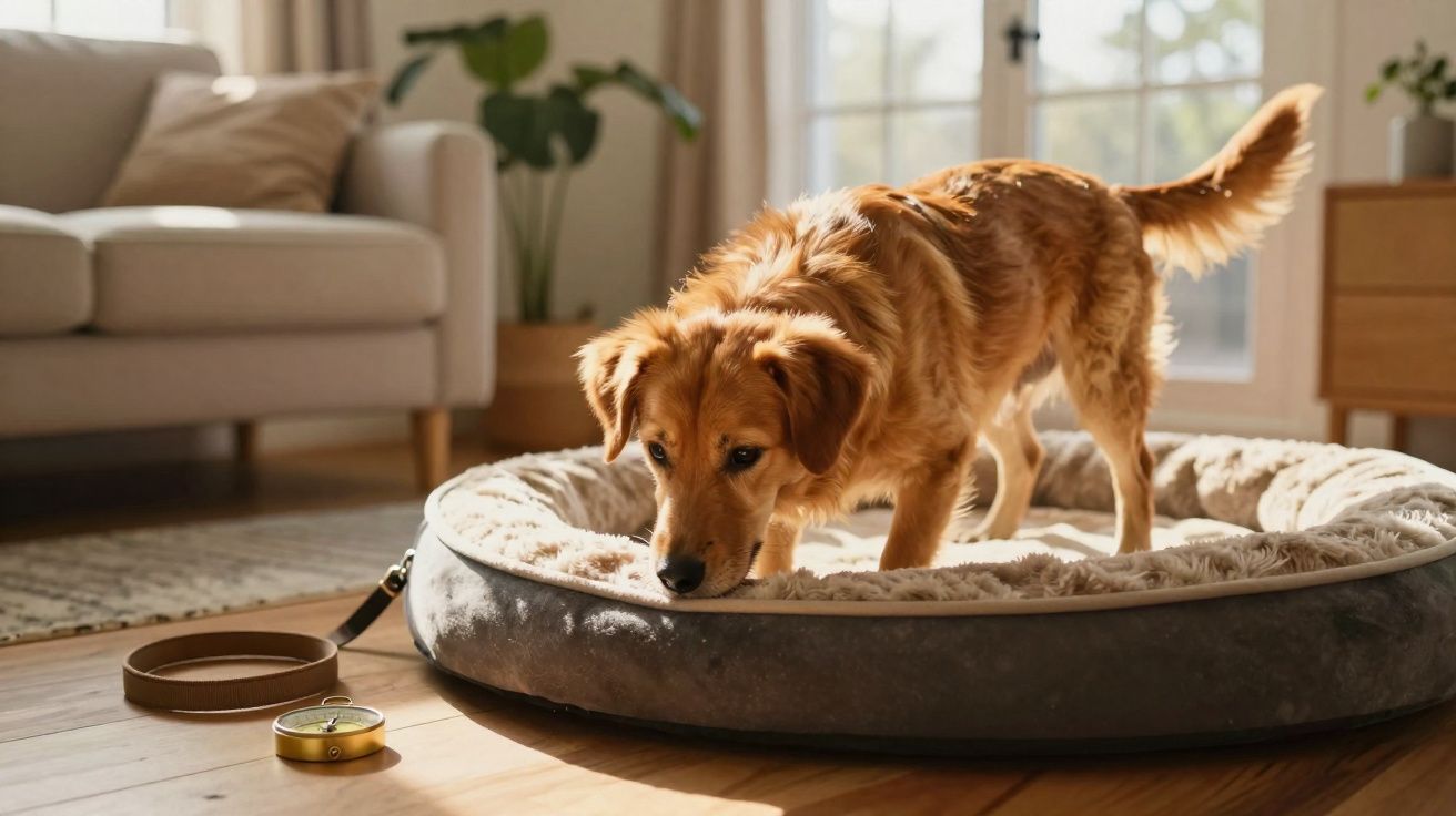 Cachorro dourado em cama macia dentro de sala iluminada com coleira e bússola no chão.